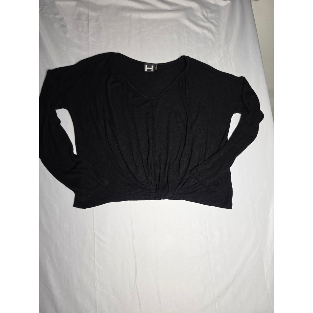 H by Bordeaux Womens Black V-Neck Twist Front Long Sleeve Ribbed Top Size L